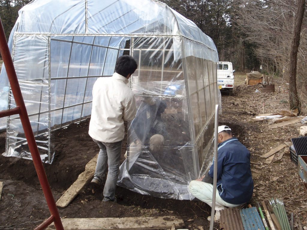 畑でビニールハウスをたてている男性２人の後ろ姿。１人はたち、１人はしゃがんでいる。